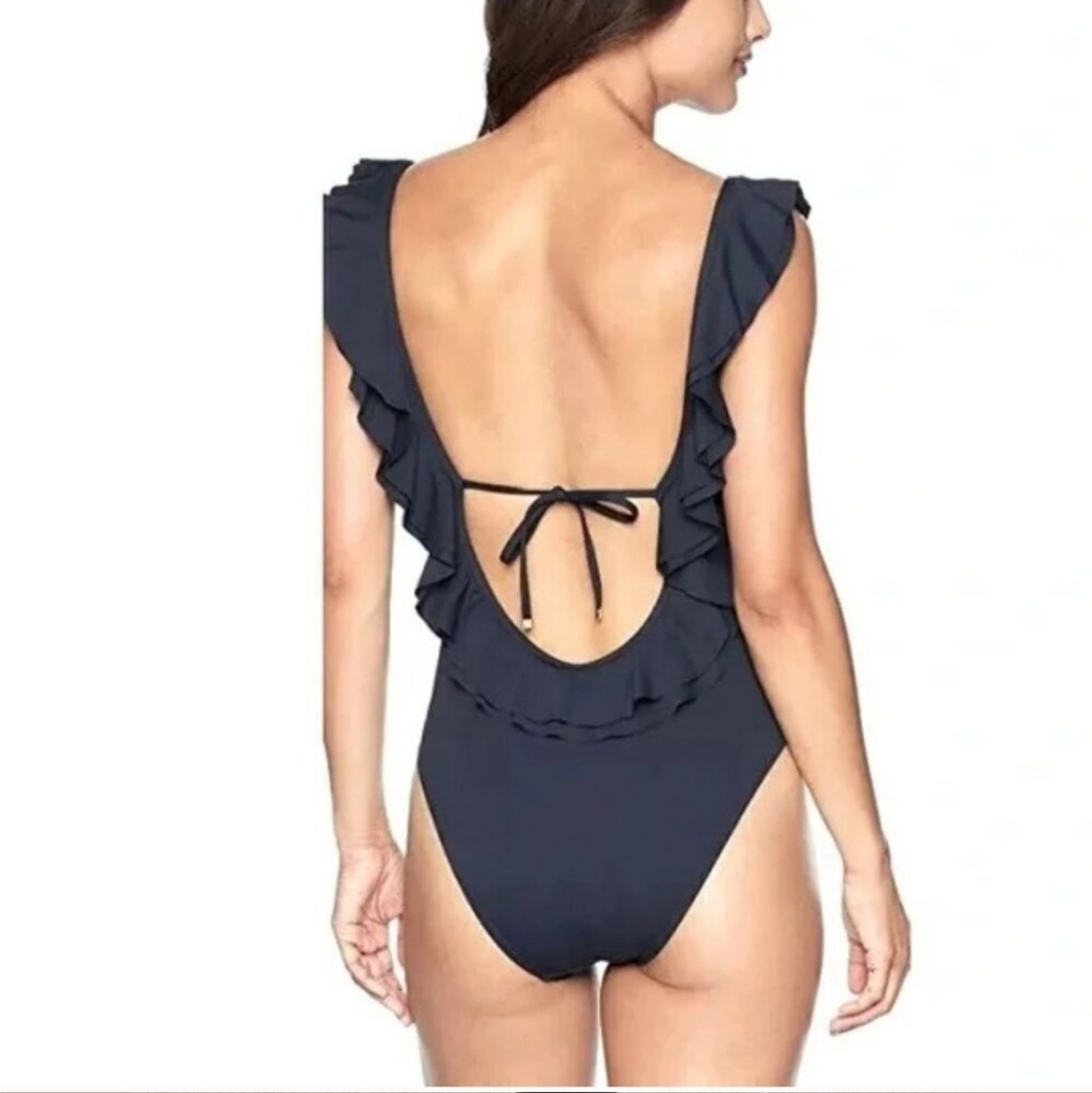 MICHAEL KORS Black Ruffle Low Back One Piece Swimsuit Size 10 Resortwear - Picture 4 of 17